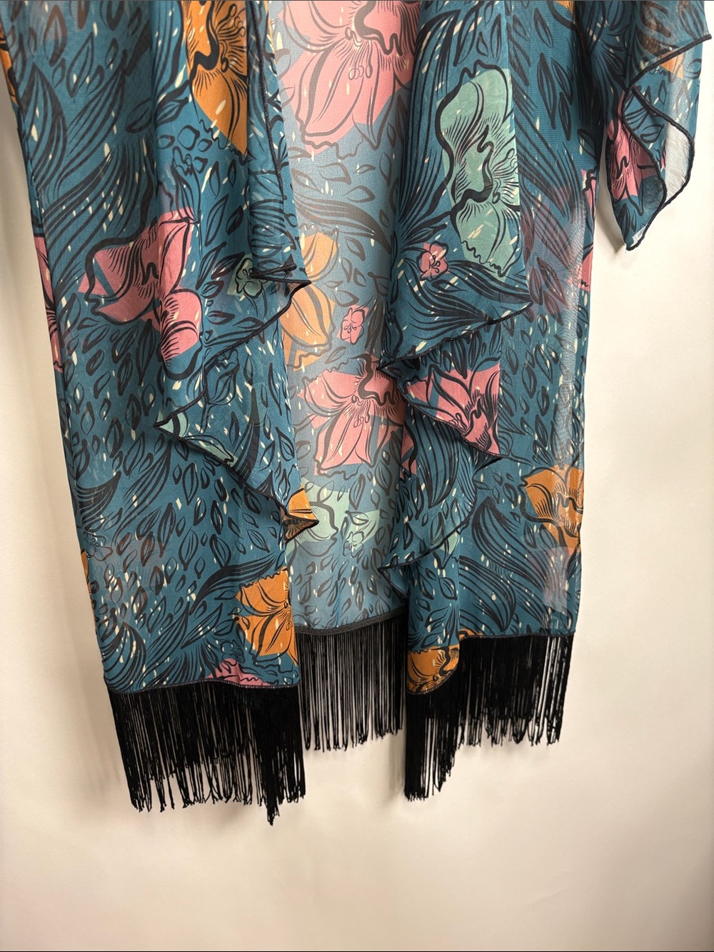 LuLaRoe Teal Floral Open Kimono with Black Detail - Picture 5 of 9
